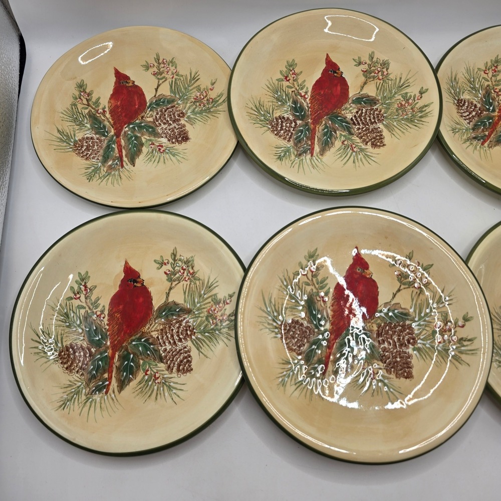 Pacific Rim Hand Painted Cardinal Plates Set of 8 Christmas Winter Pinecone 8"